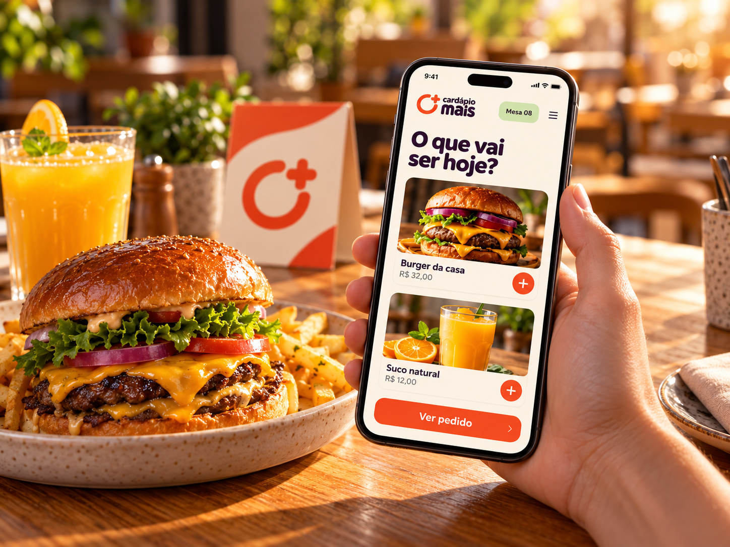 Uma pessoa escolhe seu pedido no Cardápio Mais pelo celular, ao lado de um hambúrguer e suco em uma mesa de restaurante.